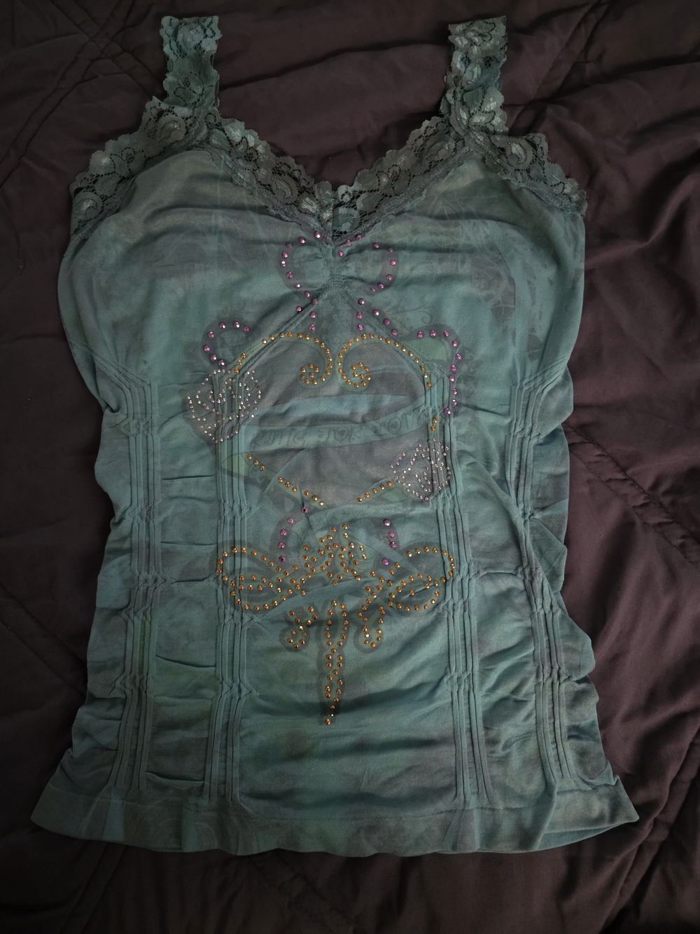 Lace-Trim Teal Embellished Tank Top